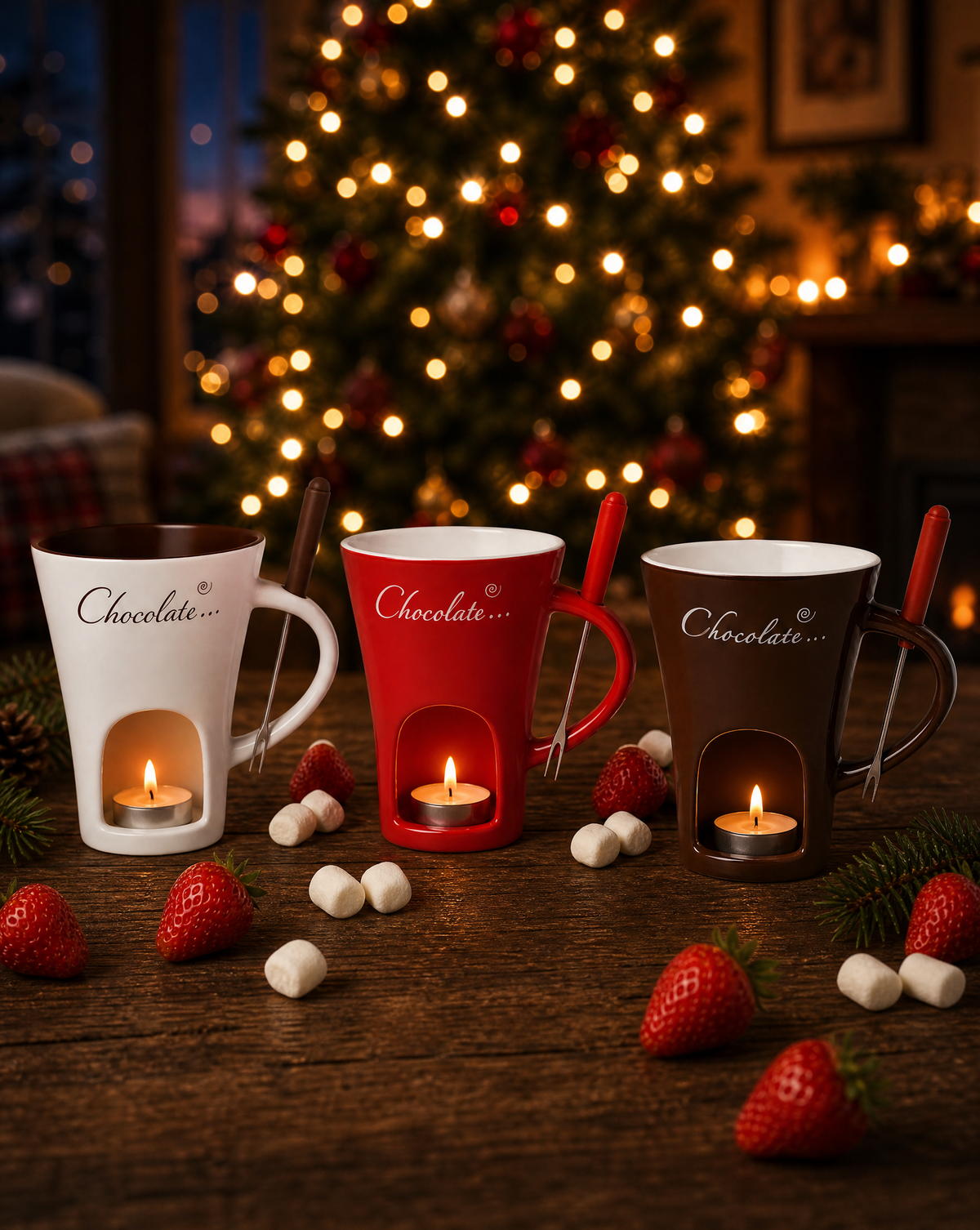 All three Christmas Chocolate Fondue Mug colors lined up with tealights glowing