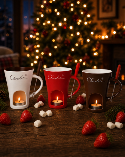 All three Christmas Chocolate Fondue Mug colors lined up with tealights glowing