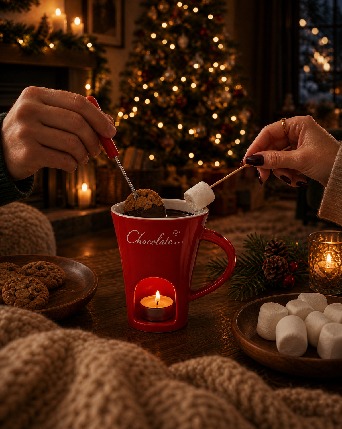 Two people sharing the Christmas Chocolate Fondue Mug by the tree